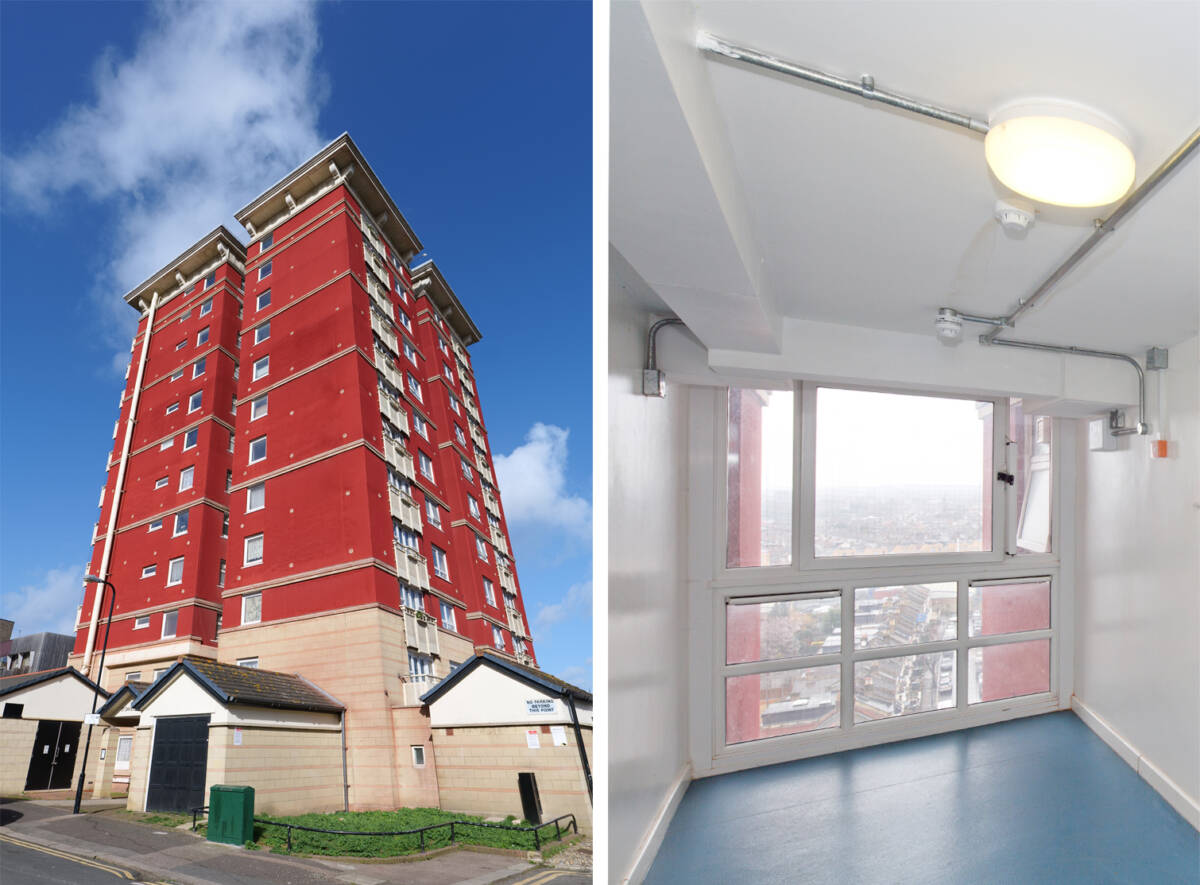 Two photos of the exterior and interior of St Davids Court
